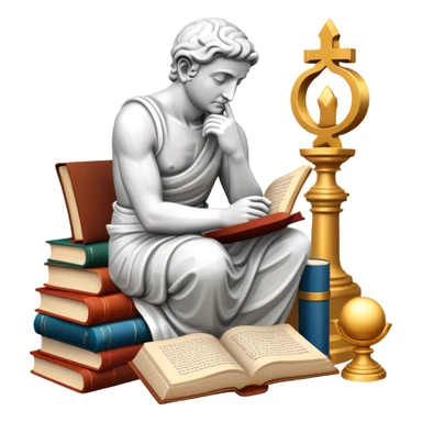 An icon featuring a thinker statue, a scroll, symbolizing philosophy. The design includes books and abstract symbols representing deep thought and wisdom. Transparent background highlights the study of ideas, logic, and existential questions sticker