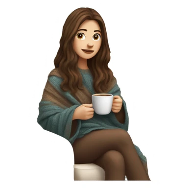 Brunette white girl covered in blanket autumn vibe wearing sweater sitting on a cozy chair holding coffee sticker