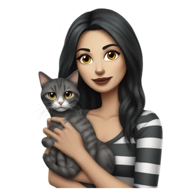 Beautiful dark haired tattooed woman holding gray and white stripe long haired cat sticker