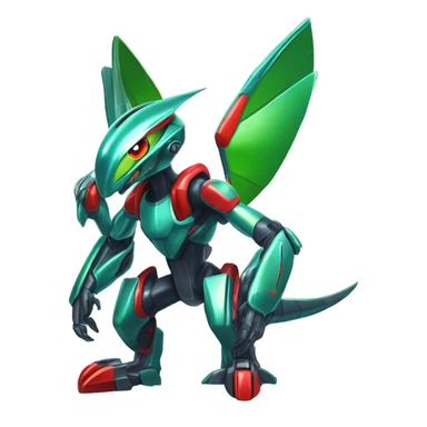 a shiny metallic Genesect-Flygon-Raptor-Fakémon-Medabot-hybrid with a futuristic visor-helmet full body sticker