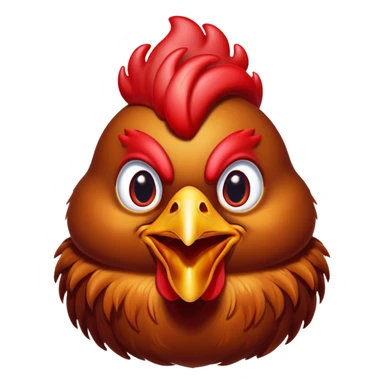 Cinematic Comical Brown Chicken Portrait Emoji, Head tilted dramatically with an exaggeratedly amused expression, featuring a striking, glossy brown plumage with a vibrant red comb, wide, expressive beady eyes filled with playful disbelief, Simplified yet hilariously expressive features, highly detailed, glowing with a slightly sassy glow, high shine, dramatic yet playful, stylized with an air of cheeky mischief, bright and endearing, soft glowing outline, capturing the essence of a spirited and over-the-top chicken, so meme-worthy it feels like it could cluck its way into internet fame instantly! sticker