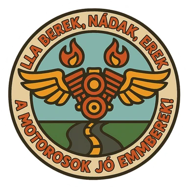 Edit the image to correct the text to exactly: 'ILLA BEREK, NÁDAK, EREK A MOTOROSOK JÓ EMBEREK!' Keep the graphic, style, and layout unchanged. The image should remain circular with a transparent background. Maintain the main motorcycle motifs but create 10 different variations with slight differences in colors or details while preserving the core theme and style. sticker