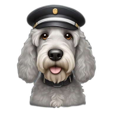 sad grey and black labradoodle dog's face with and long nose and a pilot cap on sticker