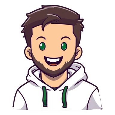 laughing guy with white hoodie, white t-shirt underneath, green eyes, dark brown undercut hairstyle and a short full beard sticker