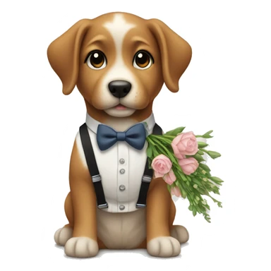 a puppy in suspenders holding a bouquet sticker