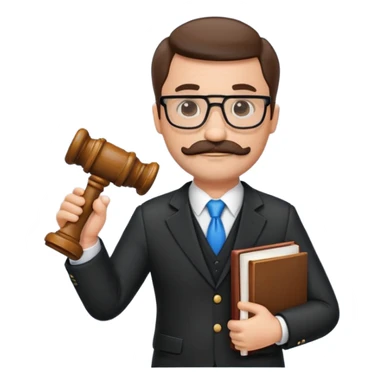 “Create a clean, modern emoji-style illustration of a male lawyer. He is wearing a formal suit jacket. He is holding a judge’s gavel in one hand and has a law book tucked under his arm. He has a mustache and a short beard, and he is wearing glasses. sticker