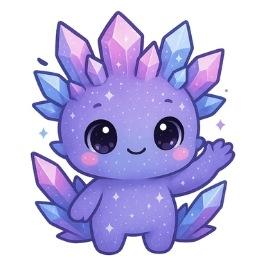 Create a kawaii chibi crystal sprite creature waving, colored purple, blue, and pink. The creature should be cute and sparkly with a small body. Remove the background. sticker