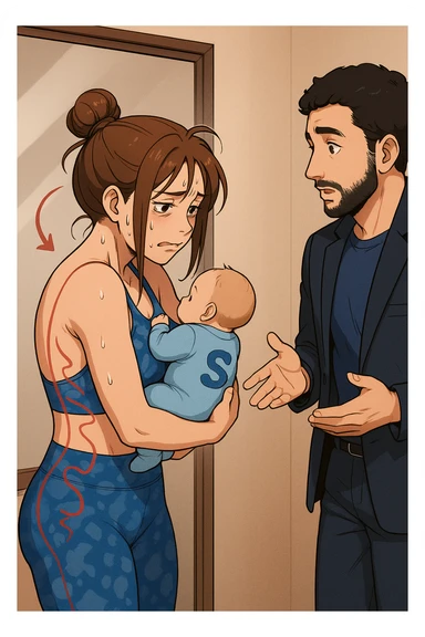 ispirati a questo stile di disegno e fai questa immagine in versione manga/webtoon a colori, il manga mostra la donna che si guarda alla specchio preoccupata di profilo con la postura sbagliata e incurvata, spalle chiuse e curve in avanti, con un neonato in braccio con una tutina azzurra e la scritta "S" blu sulla schiena, spina dorsale storta della donna in evidenza mentre al suo fianco anche l'uomo guarda la donna riflessa nello specchio e le spiega una cosa, ma non fare i fumetti, fai come se stessero parlando sticker