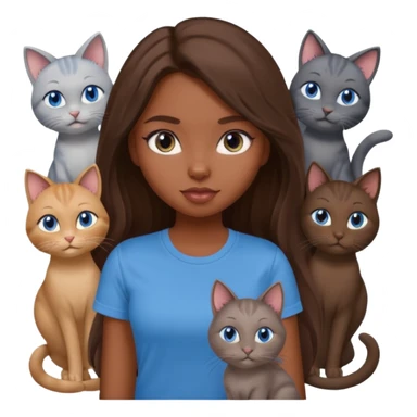 a pretty bratz dusky girl with long brown hair, blue eyes with six cats nd wearing a grey tshirt sticker
