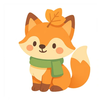 fox wearing a leaf hat and scarf, cute autumn soft style, soft pastel colors, vibrant toon style sticker