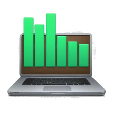 A laptop with a bar chart and an upward trend sticker