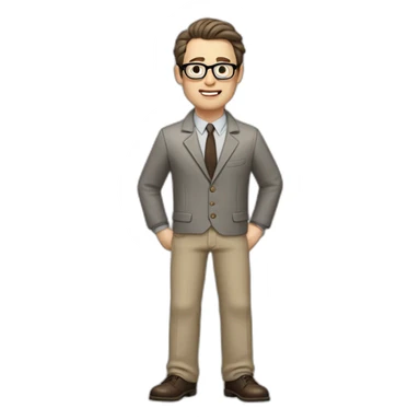 Full height Gesticulating Pale skinned fit man with dark brown hair in gray jacket, beige office shirt, brown tie, brown pants and vintage glasses. sticker