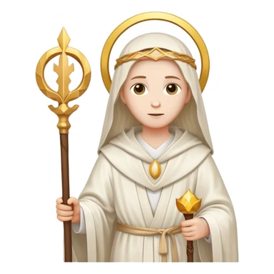 a saint dressed in robes with a staff and halo sticker
