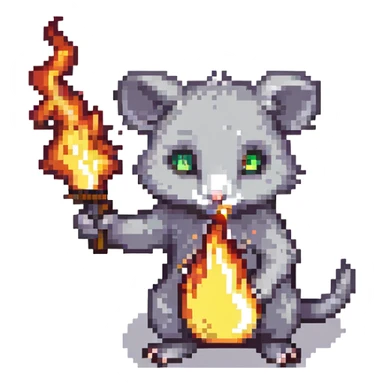 possum lighting something on fire, pixel art style, no background sticker