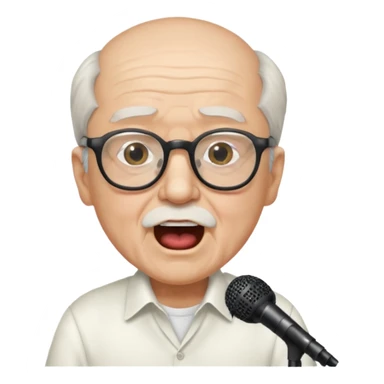 singer, Old man, singing to mic, white shirt glasses sticker