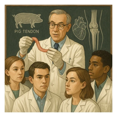 symbolic scene with a doctor showing a pig tendon to a group of students, explaining its use in human transplants, anatomical drawings on a blackboard in the background, educational atmosphere, 4K quality sticker
