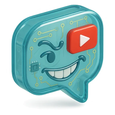speech bubble with a playful sarcastic grin, red YouTube play button, glossy circuit style sticker