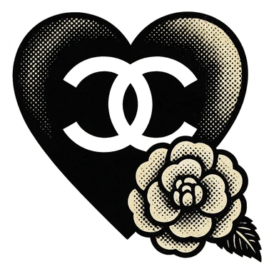 Chanel heart with camellia flower, old school comic book style, bold lines, black and white sticker