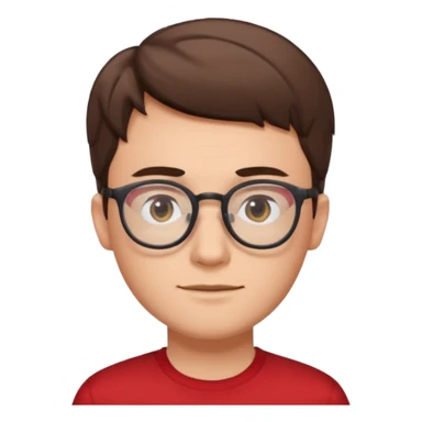 guy with short brown hair and glasses. he looks like a nerd. he is wearinf red sticker