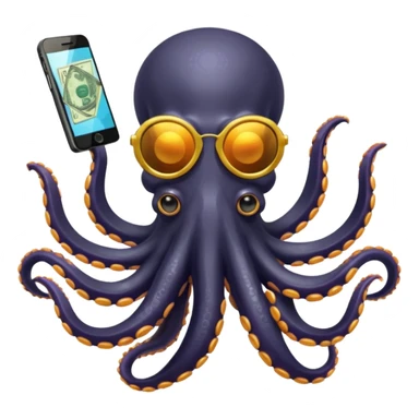 Intimidating octopus with pearl black skin, neon suction cups. Wearing mirrored sunglasses and a gold chain. 3 tentacles are holding their own cellphone, 2 other tentacles are holding stacks of money sticker