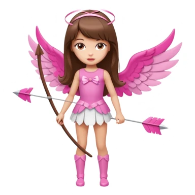 Hada sexy cupido pequeña  de cabello largo lacio castaño con flequillo y ojos cafés  vestida con algo sensual corto color blanco o rojo arco delgado con un color que combinen   y flechas  igual delgadas  que combinen y labios rosas tipo Barbie pero en hada cupido de cuerpo completo ojos sexys  sticker