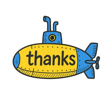 Add bright yellow and blue color to the classic submarine, keep the 'thanks' text, in a doodle style similar to hand drawn notion style doodles. sticker
