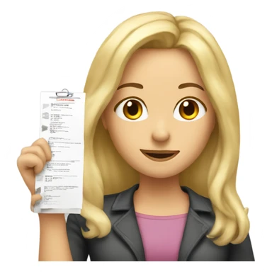 Blonde woman, long hair, holding a completed checklist celebrating  sticker