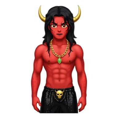 Satan with red skin, long black hair, black sequin baggy pants, shirtless with necklace sticker
