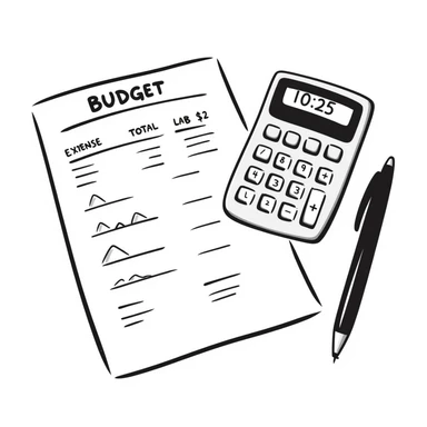 Budget sheet with expenses column and calculator sticker