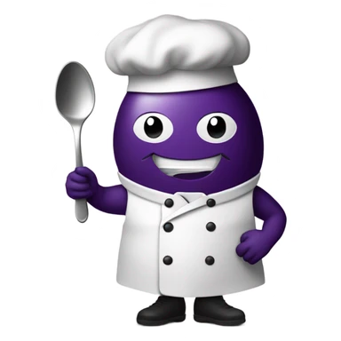 Eggplant with chef’s apron on holding spoon sticker