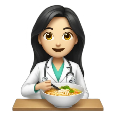 female doctor with long dark hair eating ramen bowl with thumbs up sticker