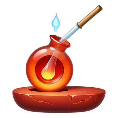 Glassblowing and casting icon, molten glass being shaped into a delicate object with a blowpipe, glowing red-hot glass being poured into a mold, unfinished glass sculpture, minimalistic style, clean lines, transparent background. sticker