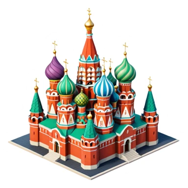 Isometric illustration of Moscow, featuring Saint Basil's Cathedral with colorful onion domes, hand-drawn painterly details, subtle texture on bricks and roofs, realistic shadows and soft lighting, muted yet vivid color palette, diorama miniature effect. sticker