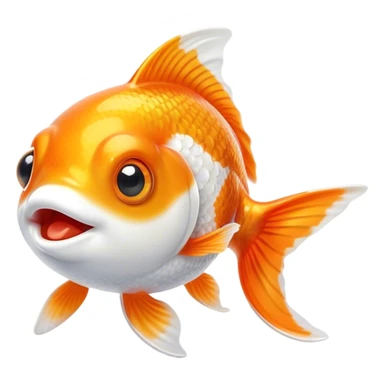 Cinematic Cute Orange and White Goldfish Portrait Emoji, Head tilted playfully and inquisitively, featuring a glossy, vibrant body adorned with a striking mix of orange and white, round, sparkling golden eyes filled with curiosity, Simplified yet irresistibly adorable features, highly detailed, glowing with a warm, friendly glow, high shine, affectionate and lively, stylized with a touch of whimsy, bright and endearing, soft glowing outline, capturing the essence of a mischievous yet loving goldfish, so playful it feels like it could swim out of the screen and into your heart! sticker