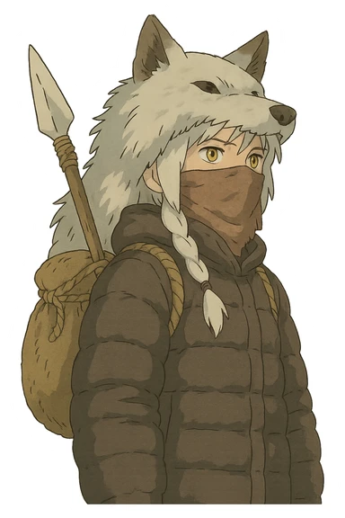 1 female, gold yellow eyes, white hair with a single long braid, wolf headdress, rag face covering, dark colored puffer parka, gazing into the distance. overcast lighting. the has a burlap bag-rope backpack, and a wooden spear with a bone knife tip sticker