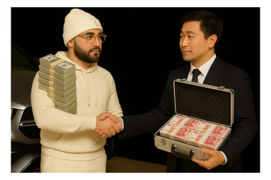 Edit the image of the Asian man holding money by replacing the money with a briefcase full of money that clearly indicates it is from China. Change the glasses on the man in the white hoodie to Cartier glasses. Keep the car in the background unchanged. Maintain the main person's white skin tone, black goatee and facial hair, and white hoodie as in the original image. sticker