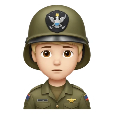 a young boy wearing a military helmet sticker