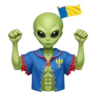 Green alien in Shirt 👚 vyshyvanka, white with red embodiary on sleeved, with 🇺🇦 Ukraine flag in a hand and 💪 sticker