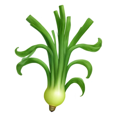 Smiling green onion with a bundle of long, thin green stalks as hair, big expressive eyes, and a cheerful cartoonish face on the white bulb section. Vibrant and playful design. sticker