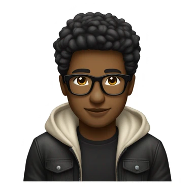 Un joven con gafas de marco negro, cabello oscuro y corto, Lleva puesto un abrigo crema, una camiseta negra. Su expresión es relajada y feliz sticker