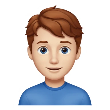 Please generate a portrait of a boy. He has wavy, light brown to reddish-brown hair, a right side parting, slightly longer sideburns, blue eyes, a snub nose, and a rather pronounced, strawberry-red pout. He is smiling. sticker