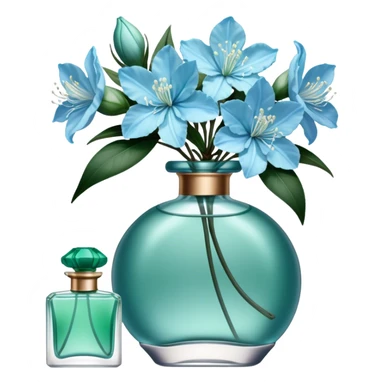 Aesthetic ensemble of soft blue azaleas alongside a charming vintage green perfume bottle.
 sticker