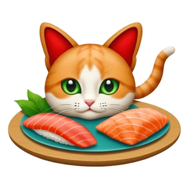 emoji di un gatto che tiene del sushi in mano, è verde con gli occhi azzurri ed un papillon rosso sticker