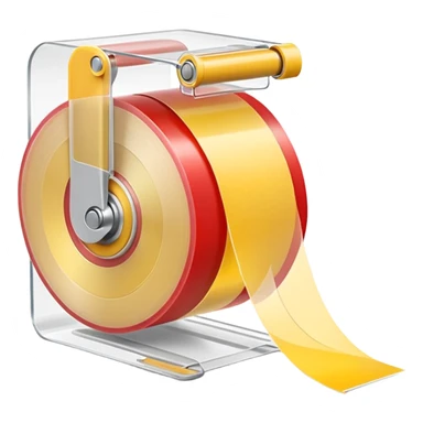 small roll of clear adhesive tape with glossy finish on simple white plastic dispenser with curved cutting edge, roll partially used with strip slightly lifted and curved, no box or extras, apple emoji style, soft lighting, subtle shadows, transparent background, emoji scale sticker