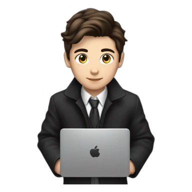 Classy programmer, 13 years old, coat, formal outfit, pc in hands, brunette boy, uses pc stays on pc, black coat, has pc in hands, all body see sticker