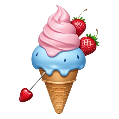 Waffle ice cream cone with one scoop of a blue ice cream and one scoop of a strawberry ice cream on top of the blue one with a single cherry still with stem in on top.  sticker