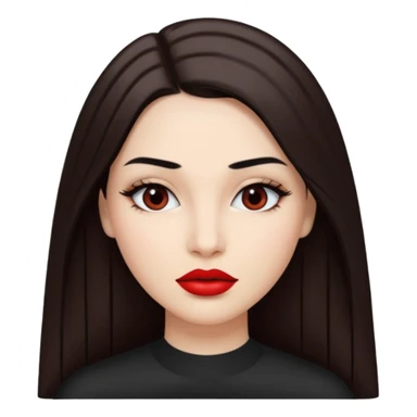 A woman emoji with fair skin, long straight dark brown hair parted in the middle, dark eyebrows, and red lipstick. sticker
