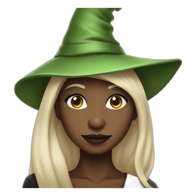 Cynthia Erivo with green skin and a witch hat sticker