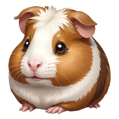 Cinematic Cute Brown and White Banded Guinea Pig Portrait Emoji, Head tilted playfully and inquisitively, showcasing a fluffy fur with playful brown and white banded patterns, round, sparkling dark eyes filled with curiosity, Simplified yet irresistibly adorable features, highly detailed, glowing with a warm, friendly glow, high shine, affectionate and spirited, stylized with a touch of whimsy, bright and endearing, soft glowing outline, capturing the essence of a mischievous yet loving guinea pig, so playful it feels like it could dash out of the screen and into your arms! sticker