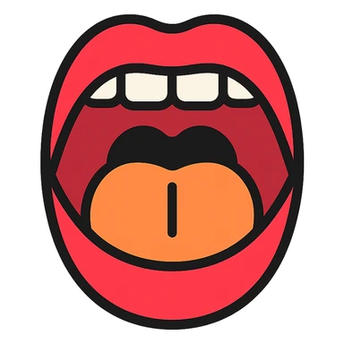 Schematic open mouth with visible tongue, symbolizing speech articulation and sound practice. Vector style, clean and sharp lines. Include realistic shadows and light reflections for depth. Minimalistic, educational design. Transparent background. High contrast between tongue, teeth, and lips for clarity. Flat illustration with soft shading, suitable for speech therapy materials sticker